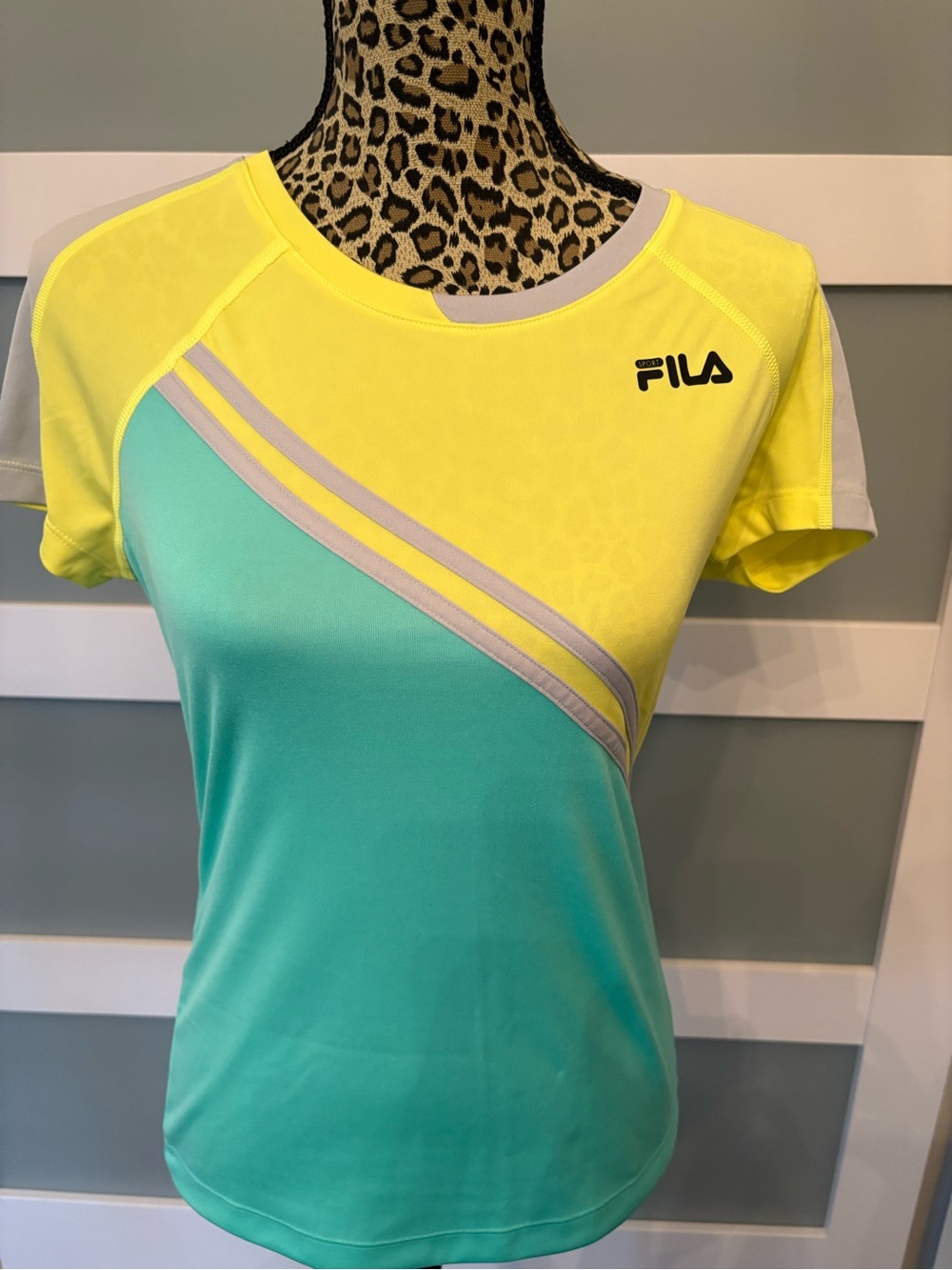 FILA Neon Yellow and Teal Diagonal Stripe Athletic Tee